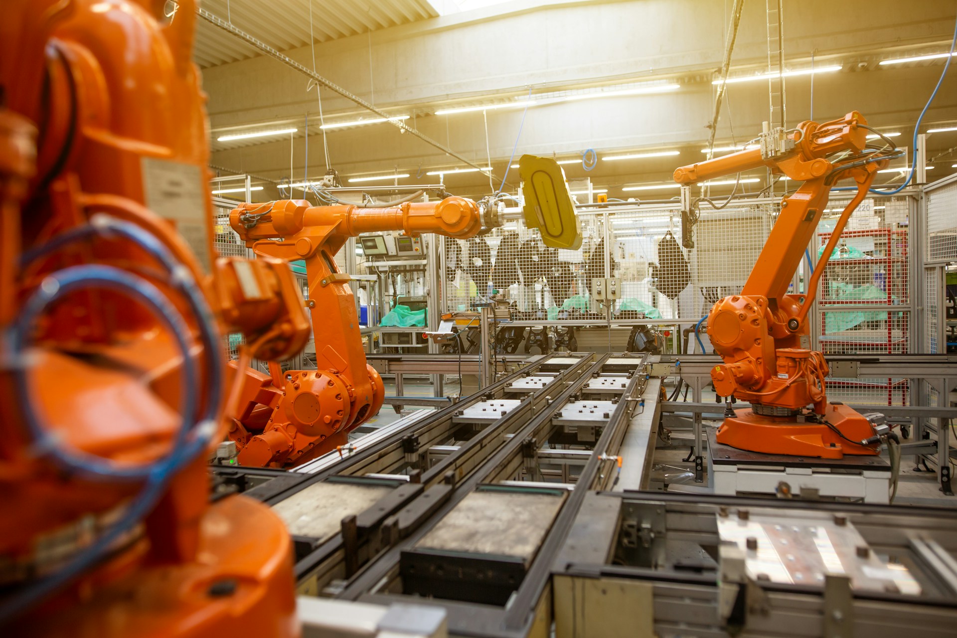 Factory floor with industrial robotic automation and production machinery